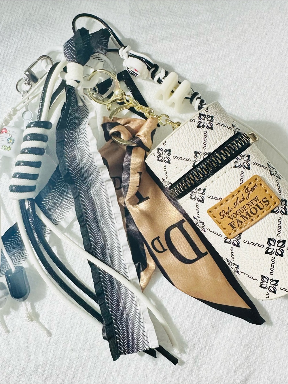 Famous Patterned White & Tan Keychain Pouch with Scarf Accent